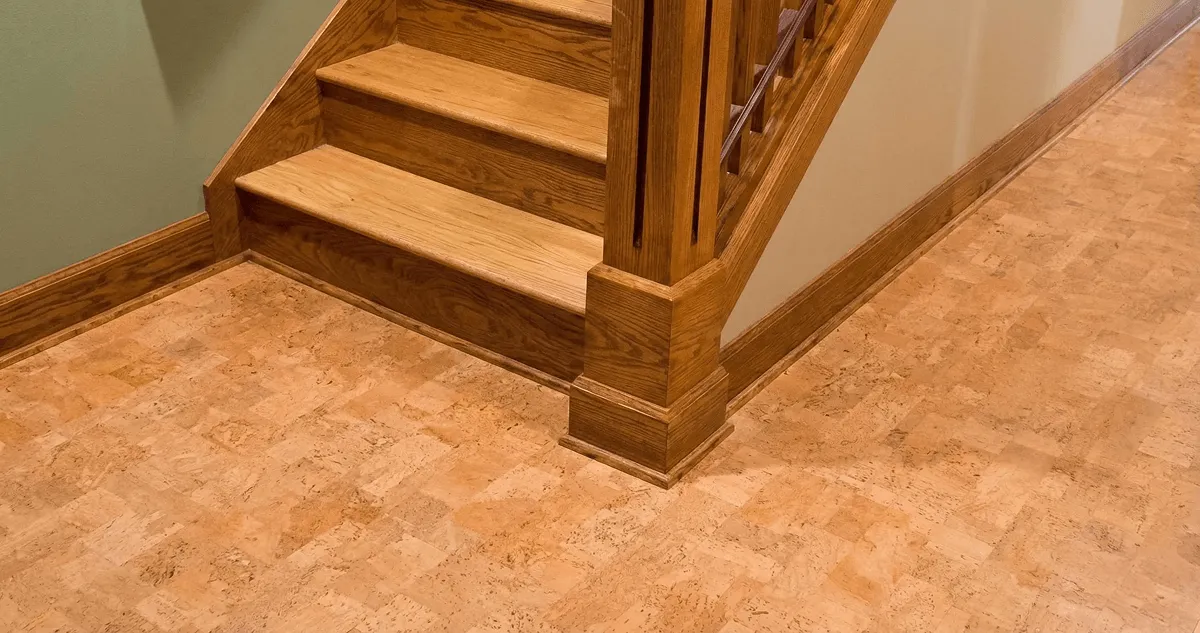 End of a staircase with cork flooring in Duluth, MN