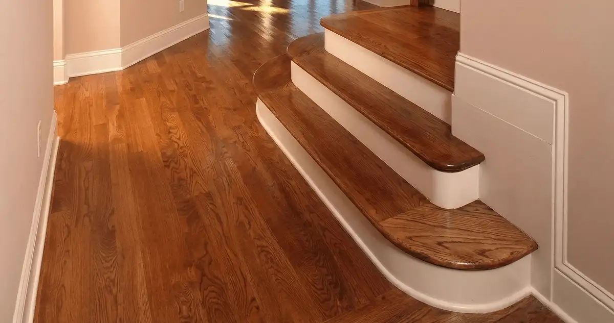 Base floor of a staircase with professionally restored wood flooring in Duluth MN