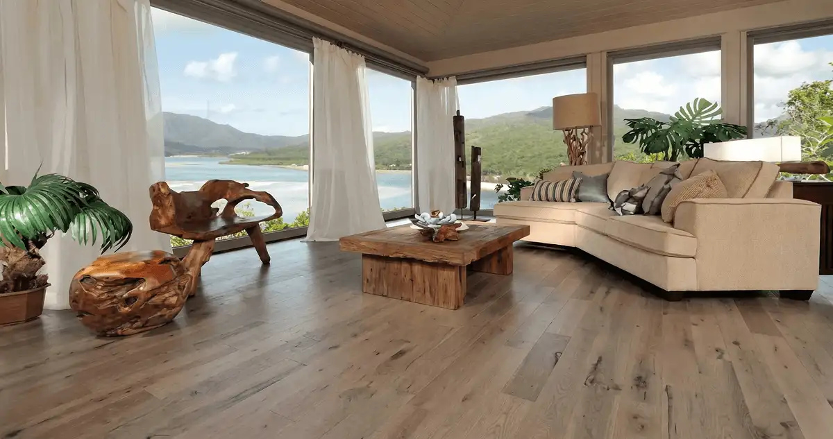 Professionally installed vinyl flooring in a modern living room with large windows in Duluth, MN