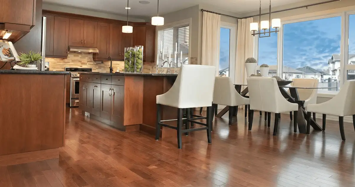A modern kitchen with professionally installed wood flooring in Duluth, MN